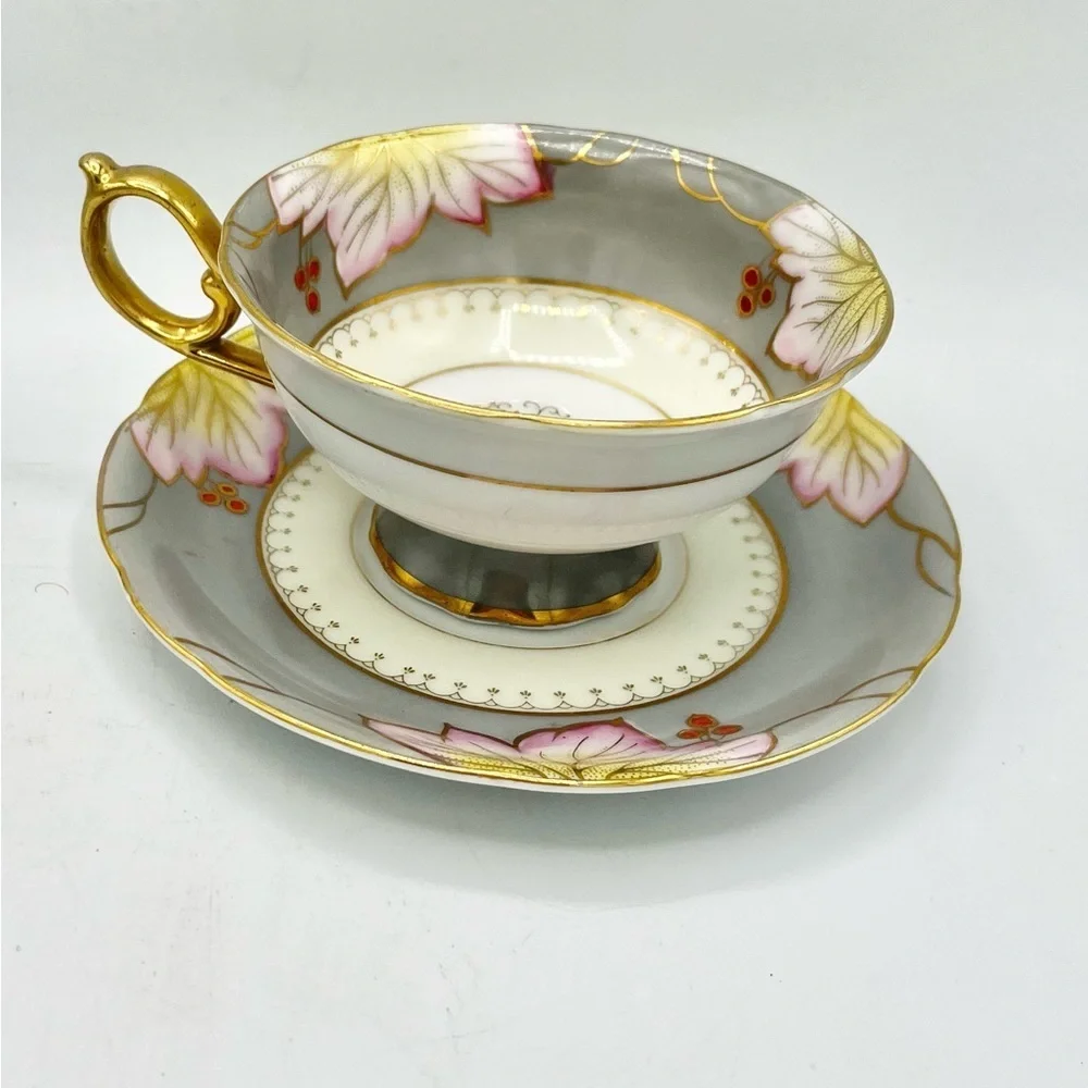 VTG Shafford Tea Cup & Saucer Grey‎ Gold Pink Floral Extra Support on Handle
